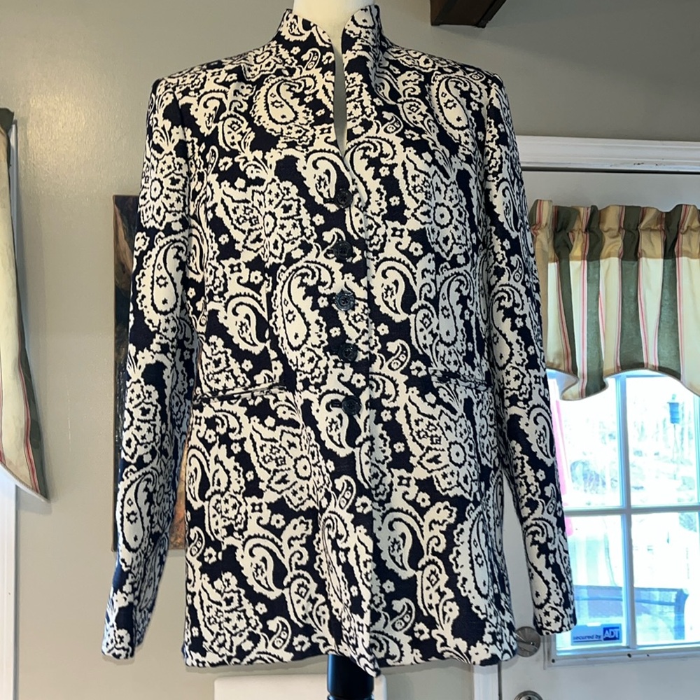 LINDA ALLARD ELLEN TRACY Navy Blue White Paisley High Collar Jacket Size 14